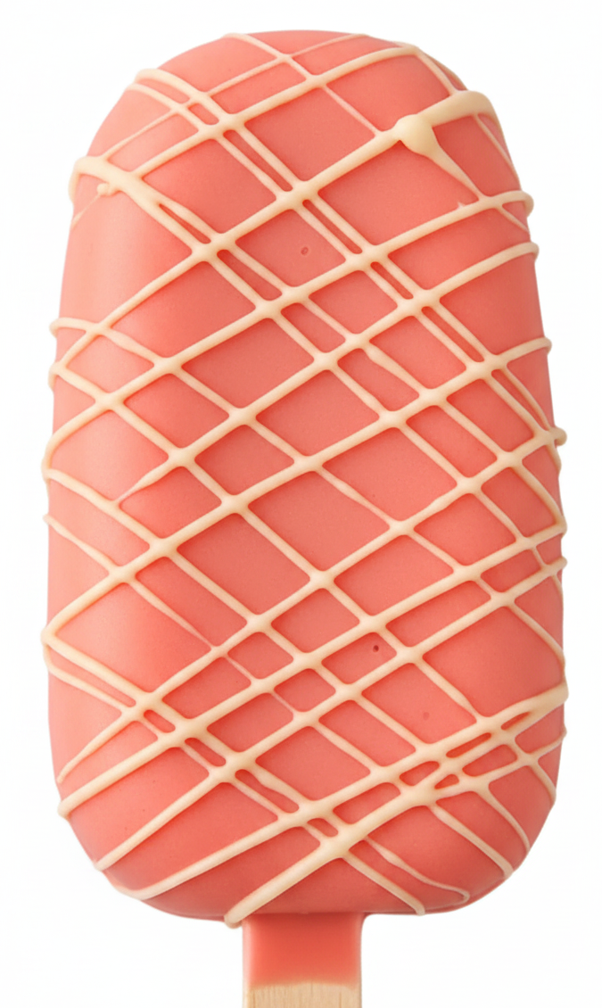 A strawberry cake pop  with white drizzle on top, on a wooden stick against a plain white background.